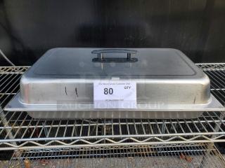 Lot of 3 Stainless Steel Steam Table/ Hotel Pans w/ lids. One lid missing handle. (5xBid)