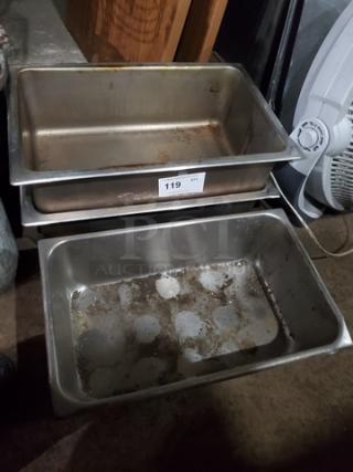 Lot of 3 Stainless Steel Hotel Pans (3xBid)
(2) 21x13x16 
(1) 20.5x12.5x5.5