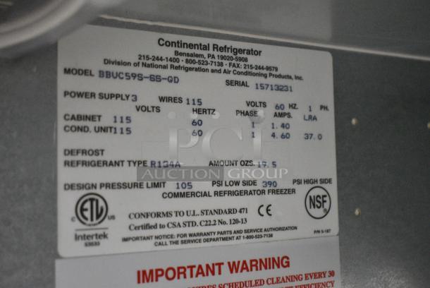 BRAND NEW SCRATCH AND DENT! 2017 Continental BBUC59S-6S-GD Stainless Steel Commercial 2 Door Back Bar Cooler Merchandiser. 115 Volts, 1 Phase. Tested and Working! - Image 3 of 7