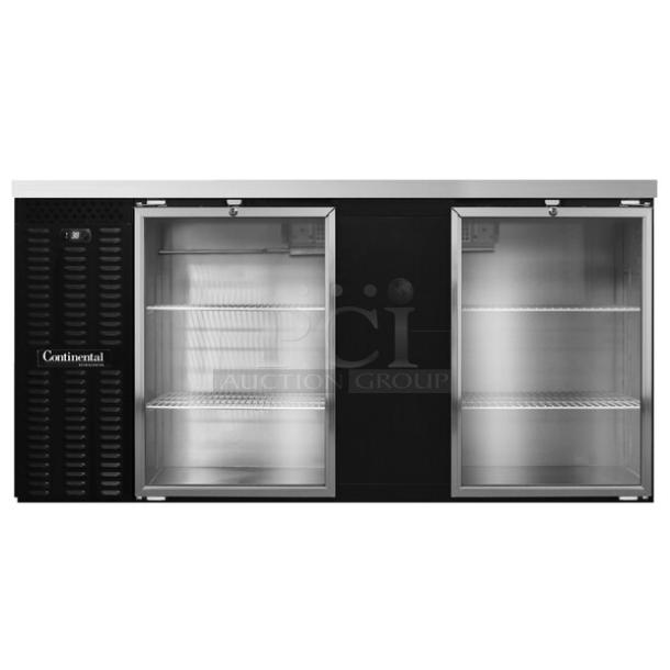 BRAND NEW SCRATCH AND DENT! 2017 Continental BBUC69S-SS-GD Stainless Steel Commercial 2 Door Back Bar Cooler Merchandiser on Commercial Casters. 115 Volts, 1 Phase. Tested and Working! - Image 1 of 10
