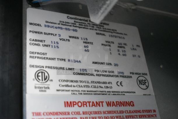 BRAND NEW SCRATCH AND DENT! 2017 Continental BBUC69S-SS-GD Stainless Steel Commercial 2 Door Back Bar Cooler Merchandiser on Commercial Casters. 115 Volts, 1 Phase. Tested and Working! - Image 10 of 10
