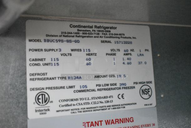 BRAND NEW SCRATCH AND DENT! 2017 Continental BBUC59S-SS-GD Stainless Steel Commercial 2 Door Back Bar Cooler Merchandiser. 115 Volts, 1 Phase. Tested and Working! - Image 8 of 8