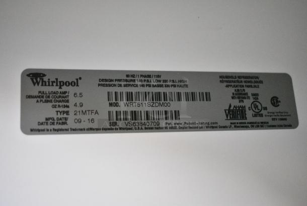 2016 Whirlpool WRT511SZDM00 Stainless Steel Cooler w/ Freezer. 115 Volts, 1 Phase. Tested and Working! - Image 6 of 6