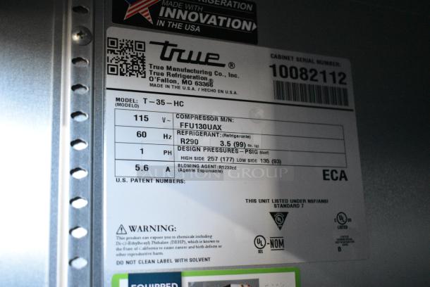 2021 True T-35-HC Stainless Steel Commercial 2 Door Reach In Cooler w/ Poly Coated Racks. 115 Volts, 1 Phase. Tested and Working! - Image 5 of 5