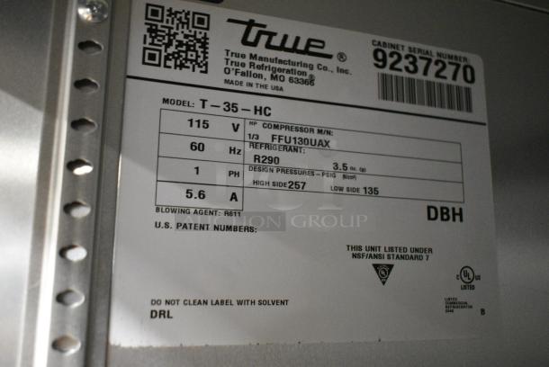 2018 True T-35-HC Stainless Steel Commercial 2 Door Reach In Cooler w/ Poly Coated Racks on Commercial Casters. 115 Volts, 1 Phase. Tested and Working! - Image 7 of 7