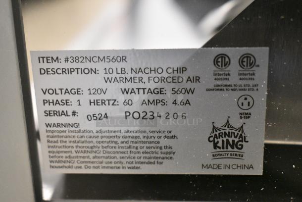 BRAND NEW SCRATCH AND DENT! Carnival King 382NCM560R Stainless Steel Commercial Countertop 10 Pound Nacho Chip Warmer Merchandiser. 120 Volts, 1 Phase. Tested and Working! - Image 7 of 7