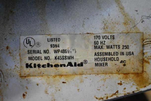 KitchenAid K45SSWH Metal Countertop Planetary Dough Mixer w/ Attachment, Paddle and Whisk Attachments. 120 Volts, 1 Phase. Tested and Working! - Image 8 of 8