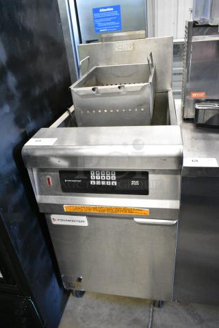 2018 Frymaster GPCSC Stainless Steel Commercial Floor Style Natural Gas Powered Deep Fat Fryer on Commercial Casters. 80,000 BTU.