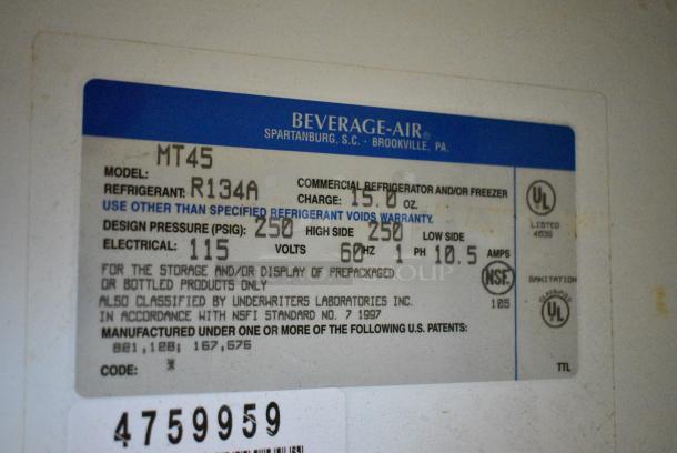 Beverage Air MT45 Metal Commercial 2 Door Reach In Cooler Merchandiser w/ Poly Coated Racks. 115 Volts, 1 Phase. Tested and Working! - Image 5 of 5