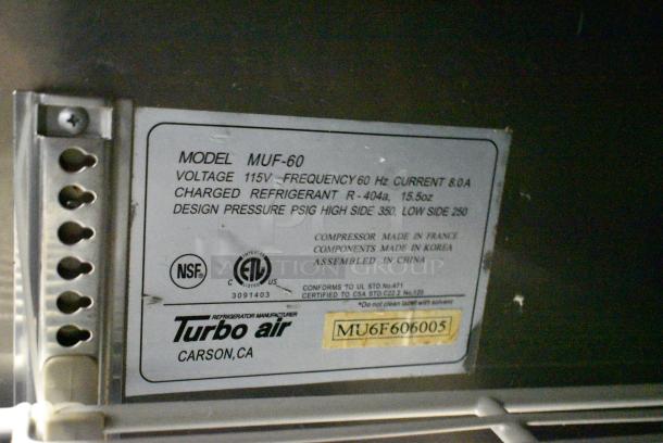 Turbo Air MUF-60 Stainless Steel Commercial 2 Door Undercounter Freezer on Commercial Casters. 115 Volts, 1 Phase. Tested and Working! - Image 6 of 6