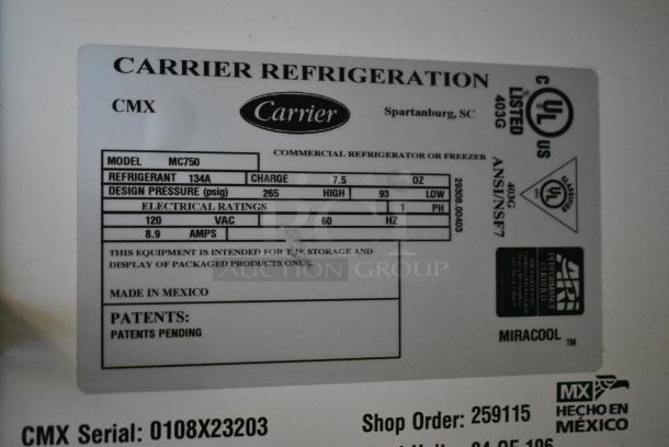 Carrier MC750 Metal Commercial Single Door Reach In Cooler Merchandiser w/ Poly Coated Racks. 115 Volts, 1 Phase. Tested and Working! - Image 4 of 4