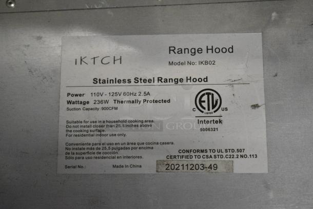 BRAND NEW SCRATCH AND DENT! Iktch IKB02 Stainless Steel Built-in/Insert Range Hoods 900 CFM Ducted / Ductless Kitchen Vent Hood - Image 3 of 3