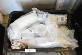 ALL ONE MONEY! Lot of Various Items Including Cups and Poly Spoons in Black Poly Bin