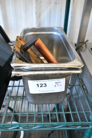 ALL ONE MONEY! Lot of 2 Stainless Steel 1/3 Size Drop In Bins and 1 Metal Bacon Press