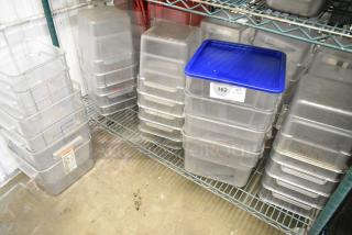 ALL ONE MONEY! Lot of 50 Various Clear Poly Bins, Blue Lid, Red Lids.