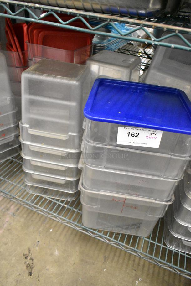 ALL ONE MONEY! Lot of 50 Various Clear Poly Bins, Blue Lid, Red Lids. - Image 3 of 5