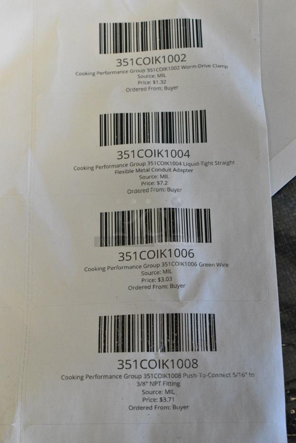 ALL ONE MONEY! Lot of Various BRAND NEW SCRATCH AND DENT! Including Cooking Performance Group 351COIK1006 Green Wire, Cooking Performance Group 351COIK1005 Liquid-Tight 90-Degree Flexible Metal Conduit Adapter, Cooking Performance Group 351COIK1007 Black Wire, Cooking Performance Group 351COIK1003 1" Liquid-Tight Flexible Metal Conduit, Cooking Performance Group 351COIK1001 High-Temperature Coolant Hose with Yarn Reinforcement, Cooking Performance Group 351COIK1002 Worm-Drive Clamp, Cooking Performance Group 351COIK1004 Liquid-Tight Straight Flexible Metal Conduit Adapter - Image 3 of 13