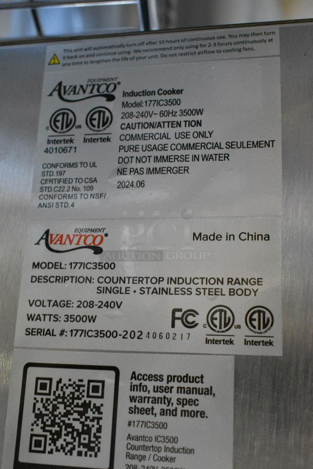 BRAND NEW SCRATCH AND DENT! Avantco 177IC3500 Stainless Steel Commercial Countertop Electric Powered Single Burner Induction Range. 208-240 Volts, 1 Phase. - Image 5 of 5
