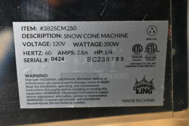 BRAND NEW SCRATCH AND DENT! 2023 Carnival King 382SCM250 Sno Cone Ice Machine. 120 Volts, 1 Phase. Tested and Working! - Image 6 of 6