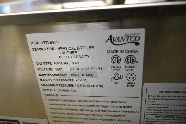 BRAND NEW SCRATCH AND DENT! Avantco 177VB203 Stainless Steel Commercial Countertop Natural Gas Powered Vertical Broiler. 28,500 BTU. - Image 7 of 10