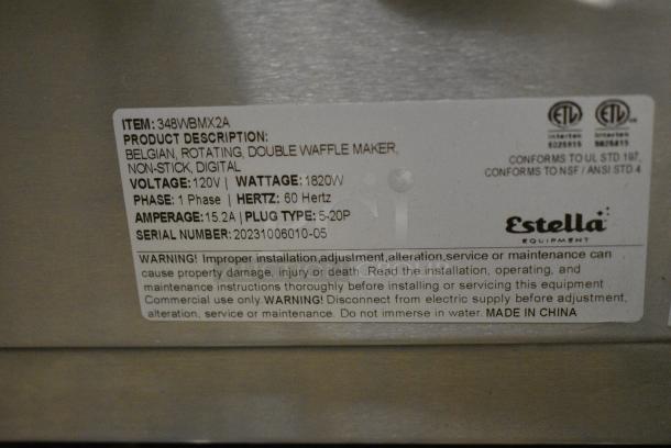 BRAND NEW SCRATCH AND DENT! 2023 Estella 348WBMX1A Stainless Steel Commercial Countertop Double Waffle Maker. 120 Volts, 1 Phase. Tested and Working! - Image 6 of 6