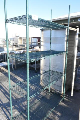 Green Finish 4 Tier Wire Shelving Unit. BUYER MUST DISMANTLE. PCI CANNOT DISMANTLE FOR SHIPPING. PLEASE CONSIDER FREIGHT CHARGES.