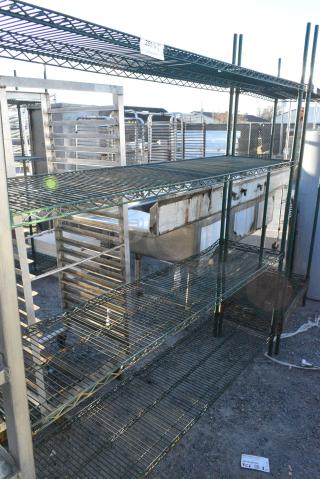 Green Finish 4 Tier Wire Shelving Unit. BUYER MUST DISMANTLE. PCI CANNOT DISMANTLE FOR SHIPPING. PLEASE CONSIDER FREIGHT CHARGES.