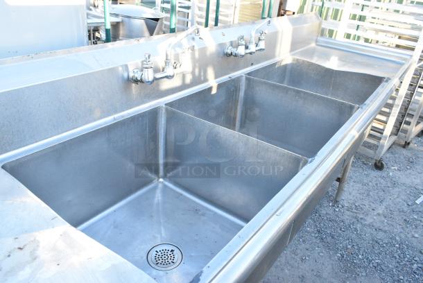 Stainless Steel 3 Bay Sink w/ Dual Drain Boards, 2 Faucets and 2 Handle Sets. Bays 24x24x14. Drain Boards 22x26 - Image 2 of 5