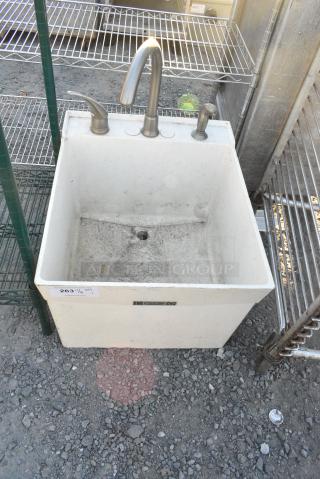 White Poly Single Bay Sink w/ Faucet and Handles. No Legs.