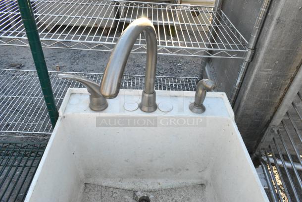 White Poly Single Bay Sink w/ Faucet and Handles. No Legs. - Image 2 of 2