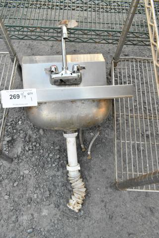 Stainless Steel Single Bay Wall Mount Sink w/ Faucet and Handles.