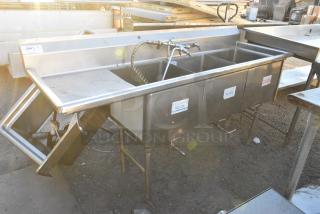 Stainless Steel 3 Bay Sink w/ Left Side Drain Board, Faucet and Spray Nozzle Attachment, Bays 18x18x14. Drain Boards 16x20