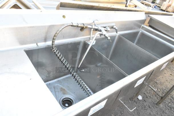 Stainless Steel 3 Bay Sink w/ Left Side Drain Board, Faucet and Spray Nozzle Attachment, Bays 18x18x14. Drain Boards 16x20 - Image 3 of 6
