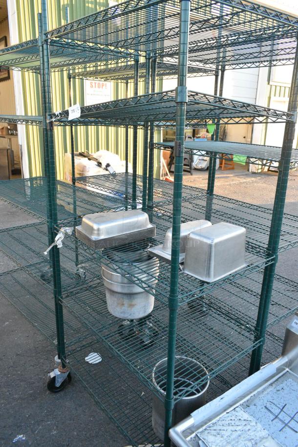 Green Finish 5 Tier Wire Shelving Unit on Commercial Casters w/ Contents Including Bins. BUYER MUST DISMANTLE. PCI CANNOT DISMANTLE FOR SHIPPING. PLEASE CONSIDER FREIGHT CHARGES. - Image 1 of 4