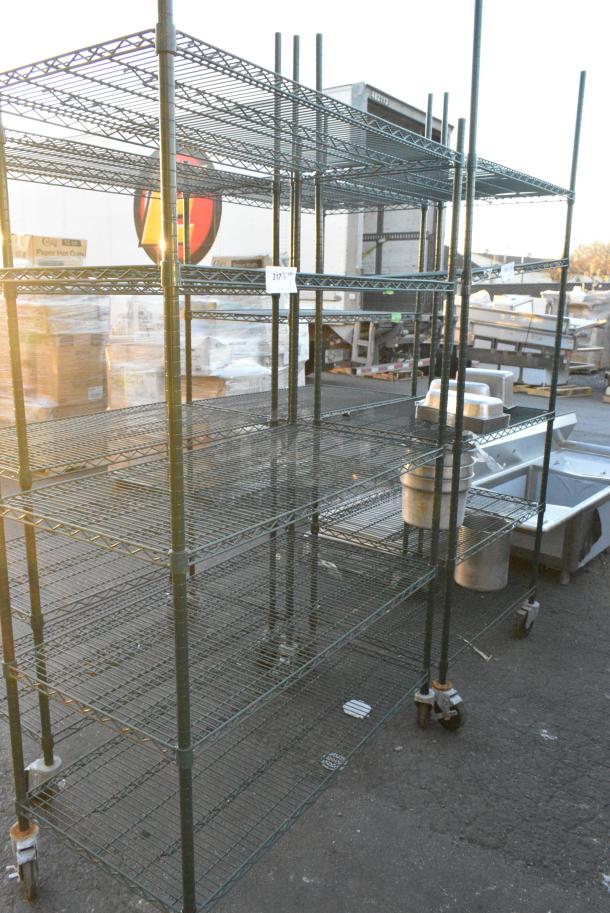 Green Finish 4 Tier Wire Shelving Unit on Commercial Casters. BUYER MUST DISMANTLE. PCI CANNOT DISMANTLE FOR SHIPPING. PLEASE CONSIDER FREIGHT CHARGES. - Image 1 of 2