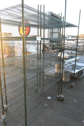 Green Finish 4 Tier Wire Shelving Unit on Commercial Casters. BUYER MUST DISMANTLE. PCI CANNOT DISMANTLE FOR SHIPPING. PLEASE CONSIDER FREIGHT CHARGES.