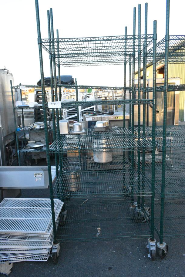Green Finish 5 Tier Wire Shelving Unit on Commercial Casters. BUYER MUST DISMANTLE. PCI CANNOT DISMANTLE FOR SHIPPING. PLEASE CONSIDER FREIGHT CHARGES. - Image 1 of 2