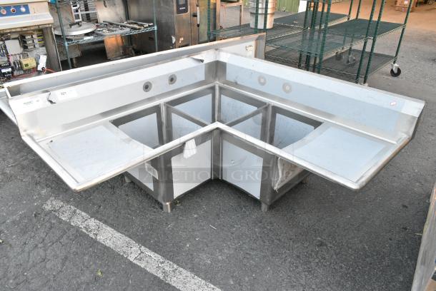 BRAND NEW SCRATCH AND DENT! Regency 600S31620C Stainless Steel Commercial L Shaped 3 Bay Sink w/ Dual Drain Boards. No Legs. Bays 16x20x14. Drain Boards 16x22 - Image 1 of 4