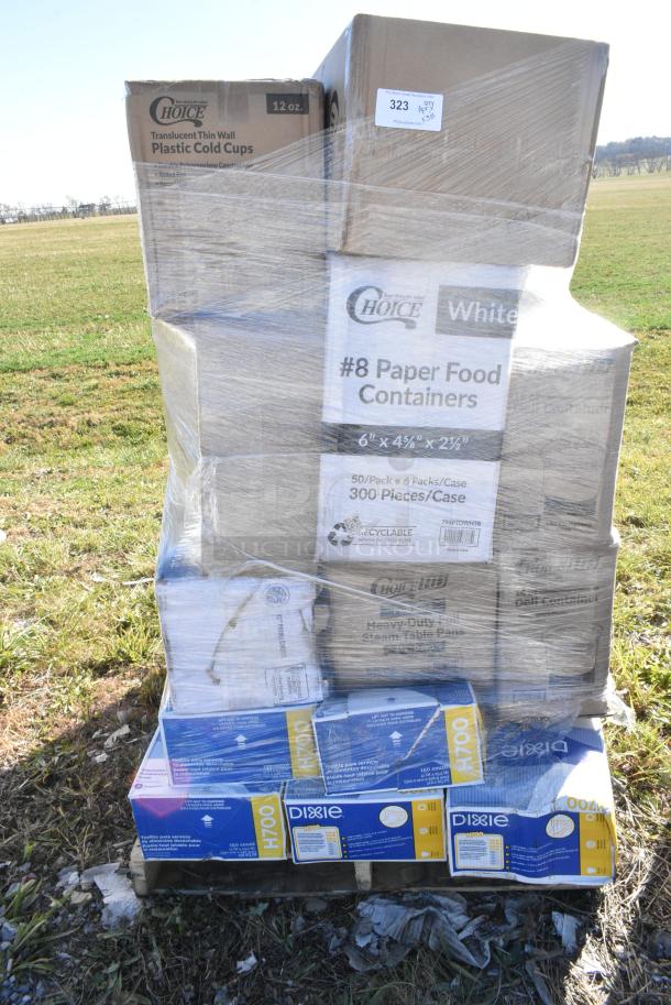 38 BRAND NEW IN BOX! Items Including 795PTOWHT8 Choice White Microwavable Folded Paper #8 Take-Out Container 6" x 4 3/4" x 2 1/2" - 300/Case, 128HD16BULK Choice Heavy Duty 16 oz. Microwavable Translucent Plastic Deli Container - 480/Case, 612605070HD Choice Full Size Heavy-Duty Foil Steam Table Pan Deep 3 3/8" Depth - 50/Case, 5 Box Dixie Chef Towels, 5008DWALLW Choice 8 oz. Tall White Smooth Double Wall Paper Hot Cup - 500/Case, 2 Box 128HD16BULK Choice Heavy Duty 16 oz. Microwavable Translucent Plastic Deli Container - 480/Case, Choice Napkins, Nitril Gloves, 2 Box Choice Deli Sheets, Jumbo Paper Straws. 38 Times Your Bid! - Image 1 of 12