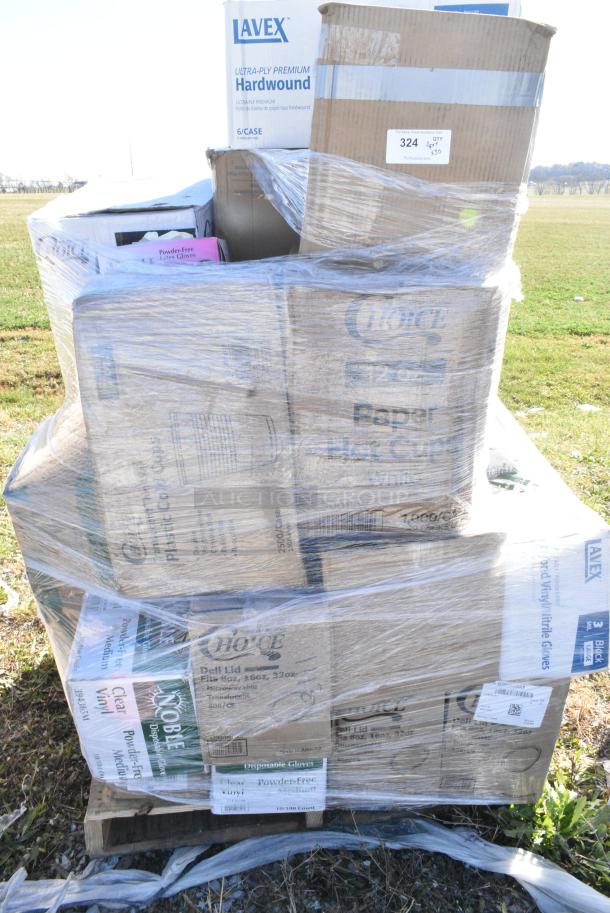 30 BRAND NEW IN BOX! Items Including 2 Box 127RDTFLBULK Choice Microwavable Translucent Customizable Recessed Fit Deli Lid - 500/Case, Noble Clear Vinyl Gloves, 50012W Choice 12 oz. White Poly Paper Hot Cup - 1000/Case, 5002TP3X496E Lavex 3 1/2" x 4 1/4" Individually-Wrapped 2-Ply Standard 500 Sheet Toilet Paper Roll - 96/Case, 2 Box 395RPO9 EcoChoice No PFAS Added Bamboo / Bagasse Blend 9" Plate - 500/Case, 795PTOBK3 Choice 7 3/4" x 5 1/2" x 2 1/2" Black Microwavable Folded Paper #3 Take-Out Container - 200/Case. 30 Times Your Bid! - Image 1 of 12