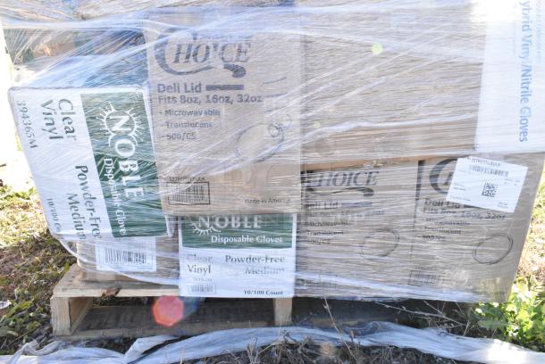 30 BRAND NEW IN BOX! Items Including 2 Box 127RDTFLBULK Choice Microwavable Translucent Customizable Recessed Fit Deli Lid - 500/Case, Noble Clear Vinyl Gloves, 50012W Choice 12 oz. White Poly Paper Hot Cup - 1000/Case, 5002TP3X496E Lavex 3 1/2" x 4 1/4" Individually-Wrapped 2-Ply Standard 500 Sheet Toilet Paper Roll - 96/Case, 2 Box 395RPO9 EcoChoice No PFAS Added Bamboo / Bagasse Blend 9" Plate - 500/Case, 795PTOBK3 Choice 7 3/4" x 5 1/2" x 2 1/2" Black Microwavable Folded Paper #3 Take-Out Container - 200/Case. 30 Times Your Bid! - Image 2 of 12