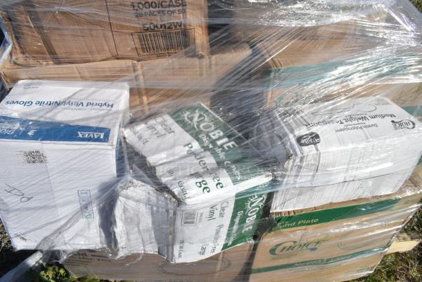 30 BRAND NEW IN BOX! Items Including 2 Box 127RDTFLBULK Choice Microwavable Translucent Customizable Recessed Fit Deli Lid - 500/Case, Noble Clear Vinyl Gloves, 50012W Choice 12 oz. White Poly Paper Hot Cup - 1000/Case, 5002TP3X496E Lavex 3 1/2" x 4 1/4" Individually-Wrapped 2-Ply Standard 500 Sheet Toilet Paper Roll - 96/Case, 2 Box 395RPO9 EcoChoice No PFAS Added Bamboo / Bagasse Blend 9" Plate - 500/Case, 795PTOBK3 Choice 7 3/4" x 5 1/2" x 2 1/2" Black Microwavable Folded Paper #3 Take-Out Container - 200/Case. 30 Times Your Bid! - Image 6 of 12