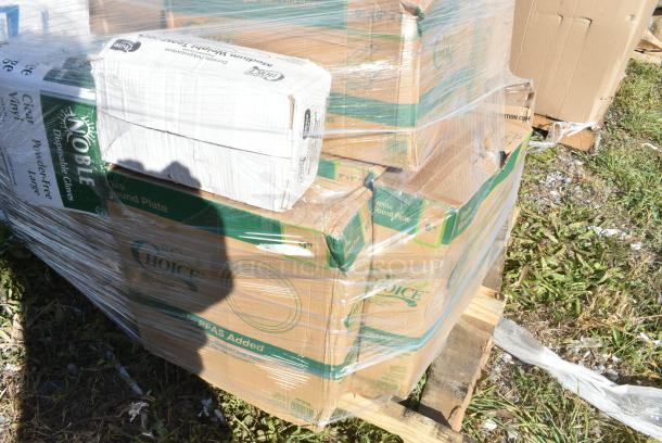 30 BRAND NEW IN BOX! Items Including 2 Box 127RDTFLBULK Choice Microwavable Translucent Customizable Recessed Fit Deli Lid - 500/Case, Noble Clear Vinyl Gloves, 50012W Choice 12 oz. White Poly Paper Hot Cup - 1000/Case, 5002TP3X496E Lavex 3 1/2" x 4 1/4" Individually-Wrapped 2-Ply Standard 500 Sheet Toilet Paper Roll - 96/Case, 2 Box 395RPO9 EcoChoice No PFAS Added Bamboo / Bagasse Blend 9" Plate - 500/Case, 795PTOBK3 Choice 7 3/4" x 5 1/2" x 2 1/2" Black Microwavable Folded Paper #3 Take-Out Container - 200/Case. 30 Times Your Bid! - Image 8 of 12
