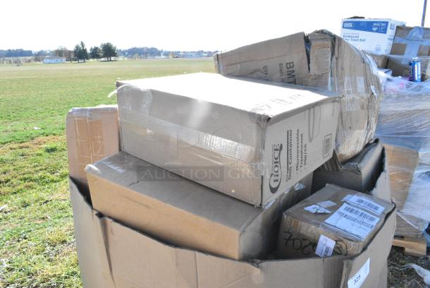 20 BRAND NEW IN BOX! Items Including 127RD8BULK Choice 8 oz. Customizable Microwavable Translucent Round Deli Container - 500/Case, 5535016ZE Acopa Zelda 15.5 oz. Highball Glass, 124COLLGKTBK Choice Black Large Insulated Nylon Cooler Bag with Brick Cold Packs (Holds 72 Cans), BMT-3040-X Xpose Safety 10' x 12' Black Heavy-Duty Weatherproof 6.5 oz. Multipurpose Mesh Tarp. 20 Times Your Bid! - Image 3 of 8