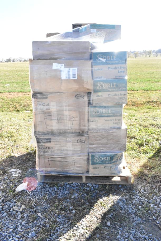 29 BRAND NEW IN BOX! Items Including 4 Box 394385L Noble Products White Powder-Free Disposable Latex Gloves for Foodservice - Large - 1000/Case, 2 Box 795KFT44PNPE Choice 44 oz. Round Kraft PE-Lined Microwavable Take-Out Container 7 5/16" x 2 5/8" - 300/Case, SBTGRL Dart TamperGuard Recessed Lid for Tamper-Resistant, Tamper-Evident Containers - 300/Case, Dart C90PST1 ClearSeal Hinged Lid Plastic Container 8 1/4" x 8 1/4" x 3" - 250/Case, 2 Box 395RP09PF EcoChoice No PFAS Added 9" Natural Bagasse Blend Plate - 500/Case, 2 Box 129MCR24B Choice 24 oz. Black Round Microwavable Heavy Weight Container with Lid 7 1/4" - 150/Case. 29 Times Your Bid! - Image 1 of 11