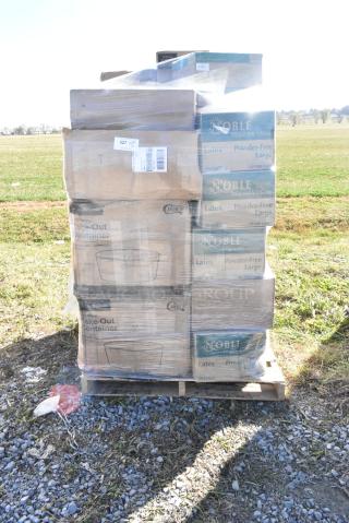 29 BRAND NEW IN BOX! Items Including 4 Box 394385L Noble Products White Powder-Free Disposable Latex Gloves for Foodservice - Large - 1000/Case, 2 Box 795KFT44PNPE Choice 44 oz. Round Kraft PE-Lined Microwavable Take-Out Container 7 5/16" x 2 5/8" - 300/Case, SBTGRL Dart TamperGuard Recessed Lid for Tamper-Resistant, Tamper-Evident Containers - 300/Case, Dart C90PST1 ClearSeal Hinged Lid Plastic Container 8 1/4" x 8 1/4" x 3" - 250/Case, 2 Box 395RP09PF EcoChoice No PFAS Added 9" Natural Bagasse Blend Plate - 500/Case, 2 Box 129MCR24B Choice 24 oz. Black Round Microwavable Heavy Weight Container with Lid 7 1/4" - 150/Case. 29 Times Your Bid!