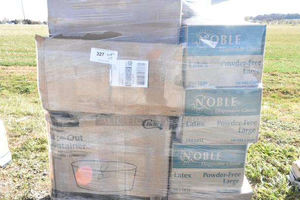 29 BRAND NEW IN BOX! Items Including 4 Box 394385L Noble Products White Powder-Free Disposable Latex Gloves for Foodservice - Large - 1000/Case, 2 Box 795KFT44PNPE Choice 44 oz. Round Kraft PE-Lined Microwavable Take-Out Container 7 5/16" x 2 5/8" - 300/Case, SBTGRL Dart TamperGuard Recessed Lid for Tamper-Resistant, Tamper-Evident Containers - 300/Case, Dart C90PST1 ClearSeal Hinged Lid Plastic Container 8 1/4" x 8 1/4" x 3" - 250/Case, 2 Box 395RP09PF EcoChoice No PFAS Added 9" Natural Bagasse Blend Plate - 500/Case, 2 Box 129MCR24B Choice 24 oz. Black Round Microwavable Heavy Weight Container with Lid 7 1/4" - 150/Case. 29 Times Your Bid! - Image 2 of 11