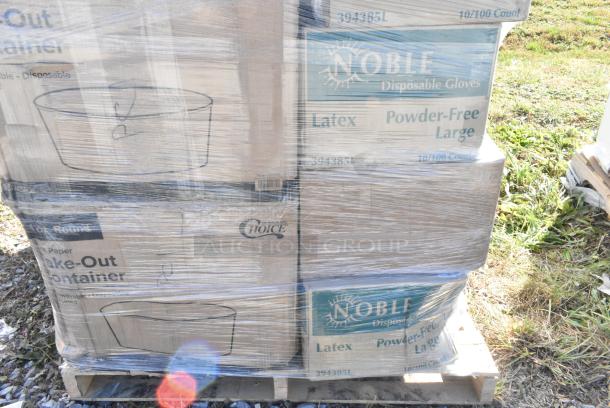 29 BRAND NEW IN BOX! Items Including 4 Box 394385L Noble Products White Powder-Free Disposable Latex Gloves for Foodservice - Large - 1000/Case, 2 Box 795KFT44PNPE Choice 44 oz. Round Kraft PE-Lined Microwavable Take-Out Container 7 5/16" x 2 5/8" - 300/Case, SBTGRL Dart TamperGuard Recessed Lid for Tamper-Resistant, Tamper-Evident Containers - 300/Case, Dart C90PST1 ClearSeal Hinged Lid Plastic Container 8 1/4" x 8 1/4" x 3" - 250/Case, 2 Box 395RP09PF EcoChoice No PFAS Added 9" Natural Bagasse Blend Plate - 500/Case, 2 Box 129MCR24B Choice 24 oz. Black Round Microwavable Heavy Weight Container with Lid 7 1/4" - 150/Case. 29 Times Your Bid! - Image 3 of 11