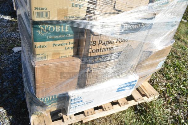 29 BRAND NEW IN BOX! Items Including 4 Box 394385L Noble Products White Powder-Free Disposable Latex Gloves for Foodservice - Large - 1000/Case, 2 Box 795KFT44PNPE Choice 44 oz. Round Kraft PE-Lined Microwavable Take-Out Container 7 5/16" x 2 5/8" - 300/Case, SBTGRL Dart TamperGuard Recessed Lid for Tamper-Resistant, Tamper-Evident Containers - 300/Case, Dart C90PST1 ClearSeal Hinged Lid Plastic Container 8 1/4" x 8 1/4" x 3" - 250/Case, 2 Box 395RP09PF EcoChoice No PFAS Added 9" Natural Bagasse Blend Plate - 500/Case, 2 Box 129MCR24B Choice 24 oz. Black Round Microwavable Heavy Weight Container with Lid 7 1/4" - 150/Case. 29 Times Your Bid! - Image 5 of 11