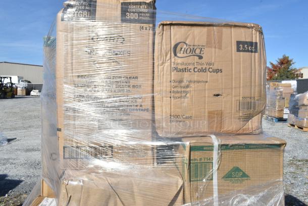 29 BRAND NEW IN BOX! Items Including 4 Box 394385L Noble Products White Powder-Free Disposable Latex Gloves for Foodservice - Large - 1000/Case, 2 Box 795KFT44PNPE Choice 44 oz. Round Kraft PE-Lined Microwavable Take-Out Container 7 5/16" x 2 5/8" - 300/Case, SBTGRL Dart TamperGuard Recessed Lid for Tamper-Resistant, Tamper-Evident Containers - 300/Case, Dart C90PST1 ClearSeal Hinged Lid Plastic Container 8 1/4" x 8 1/4" x 3" - 250/Case, 2 Box 395RP09PF EcoChoice No PFAS Added 9" Natural Bagasse Blend Plate - 500/Case, 2 Box 129MCR24B Choice 24 oz. Black Round Microwavable Heavy Weight Container with Lid 7 1/4" - 150/Case. 29 Times Your Bid! - Image 9 of 11